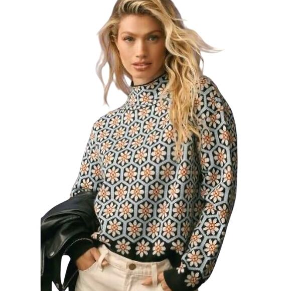 Maeve by Anthropologie Carys Mock Neck Sweater Daisy Pattern EUC Size Large - Picture 1 of 7
